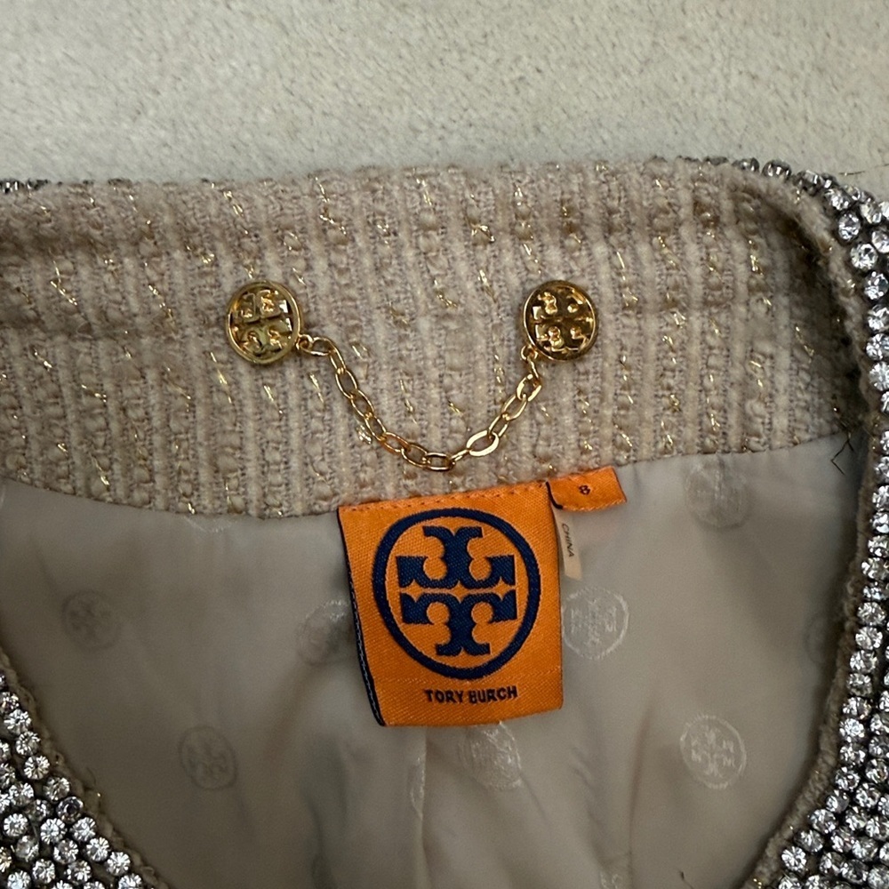 Tory Burch Sairy Bling Wool Tweed Jacket Black Tan Rhinestones Crystals Size 8 - Picture 9 of 12
